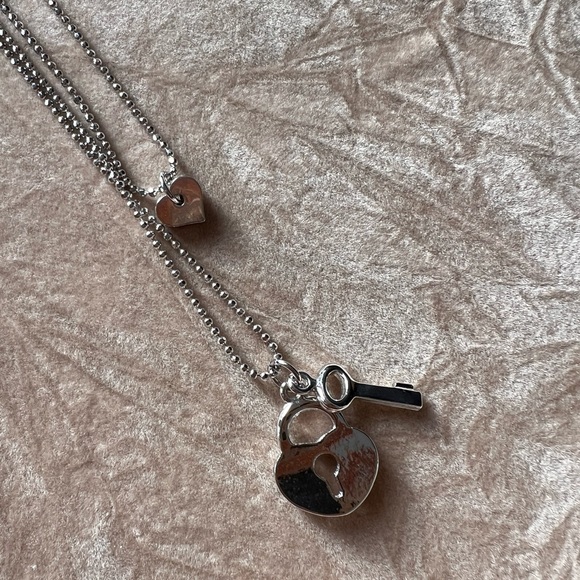 Double Chain, Layering Lock & Key Necklace (Silver) - Picture 4 of 7